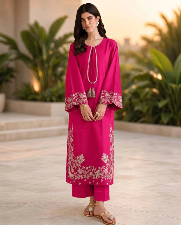 Maria | Premium Embroidered Unstitched Dhanak 2PC Suit | Shocking Pink