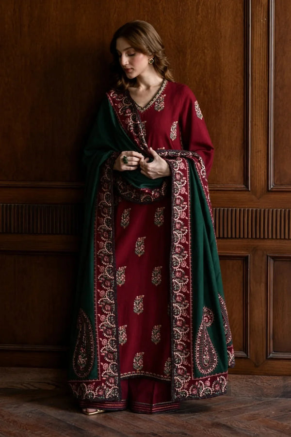 Hina | Premium Embroidered Unstitched Dhanak 3PC Suit