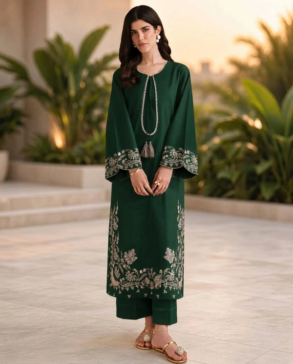 Maria | Premium Embroidered Unstitched Dhanak 2PC Suit | Bottle Green