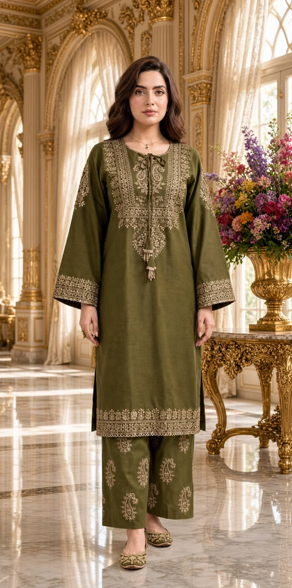 Olive Noor | Premium Embroidered Unstitched Dhanak 2PC Suit