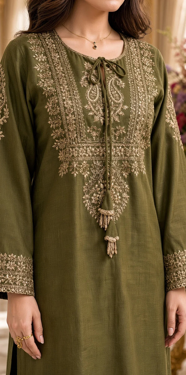 Olive Noor | Premium Embroidered Unstitched Dhanak 2PC Suit