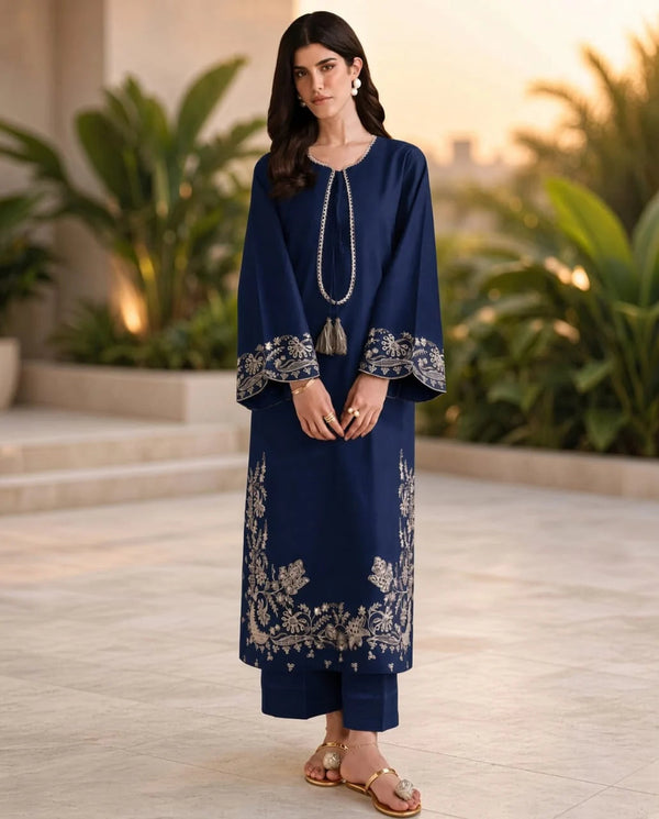 Maria | Premium Embroidered Unstitched Dhanak 2PC Suit | Navy Blue