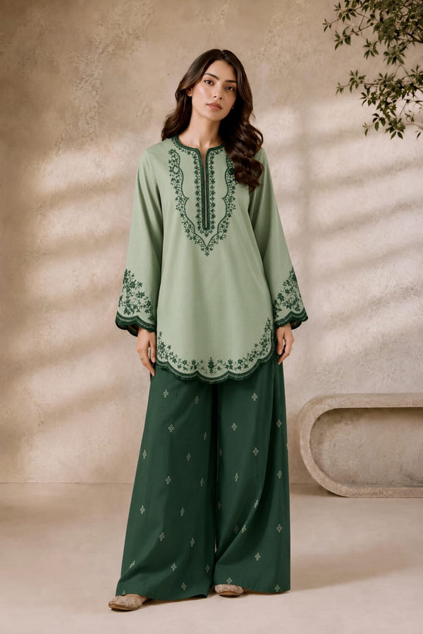 Marjan | Premium Embroidered Unstitched Dhanak 2PC Suit | Sage Green With Bottle Green