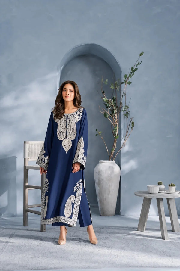 Mahveen -✦-Premium Unstitched Dhanak Embroidered 2pc Suit Navy Blue