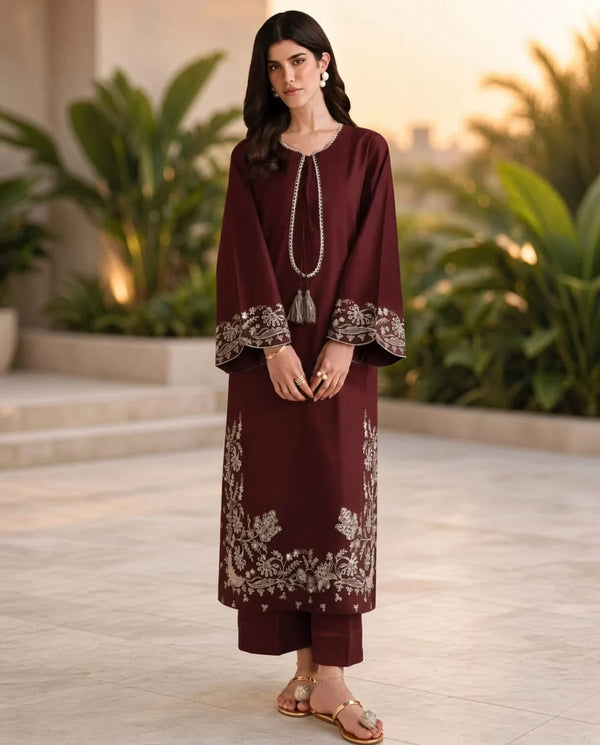 Maria | Premium Embroidered Unstitched Dhanak 2PC Suit | Maroon