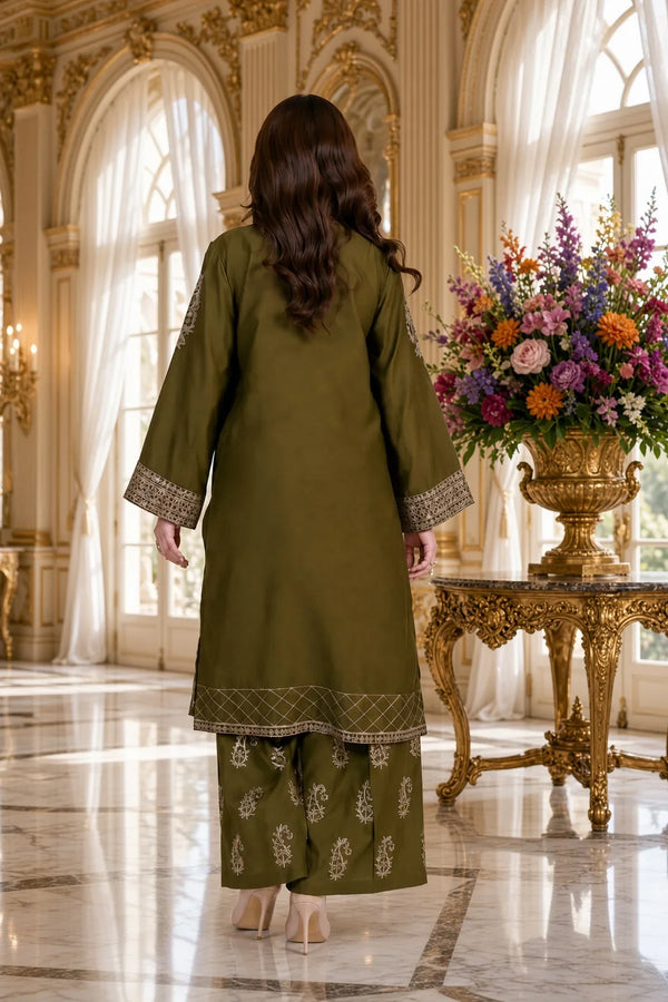 Olive Noor | Premium Embroidered Unstitched Dhanak 2PC Suit