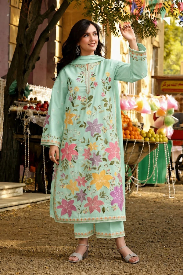 Sargam | Premium Embroidered Unstitched Lawn 3PC Suit | Light Ferozi